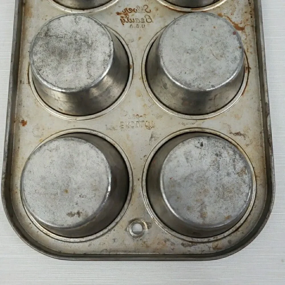 Ekcology T60.6 Silver Beauty Muffin Tin 6 Cups VTG USA Bakeware Primitive MCM